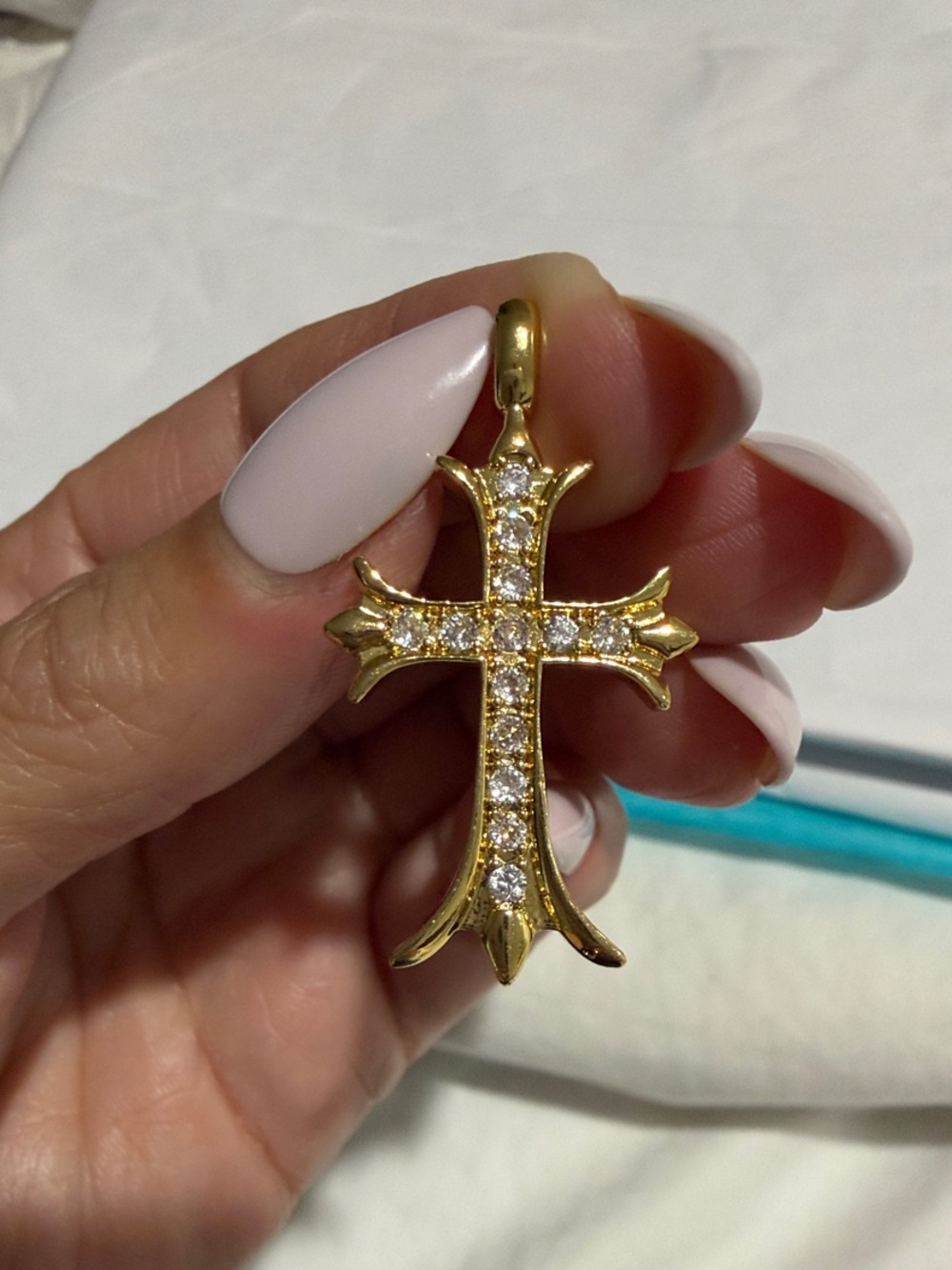 Gold Tone Cross Pendant with Clear Stones